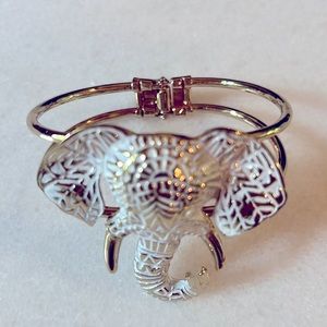 Gold Tone White Enamel Elephant Hinge Cuff Bracelet